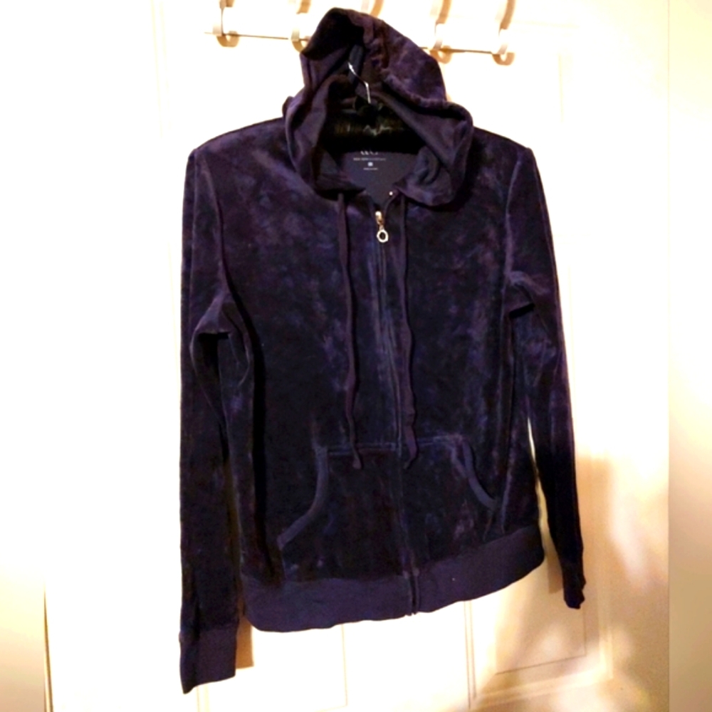 💜🍇💜 Awesome Cozy Rhinestone Deep Grape Purple Velvet Velour Hoodie Jacket - L - Picture 2 of 14